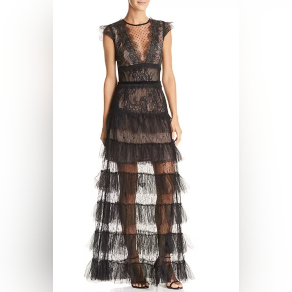 Bronx And Banco Lolita Tiered Gown Elegant Black Lace Evening Dress Size Small